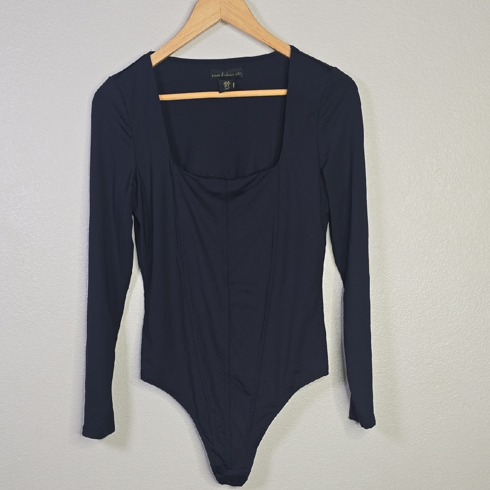 House Of Harlow 1960 Black Long-Sleeve Square Neckline Bodysuit  Size M